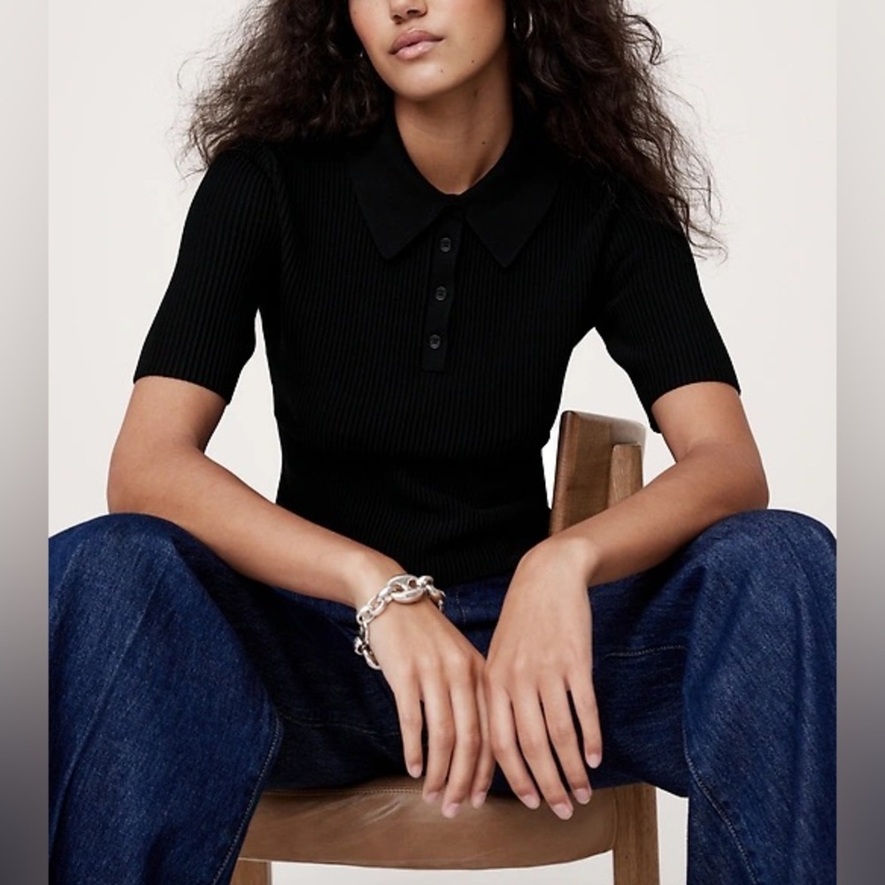 Banana Republic Sculpted Cropped Polo - Black Ribbed - Size XS